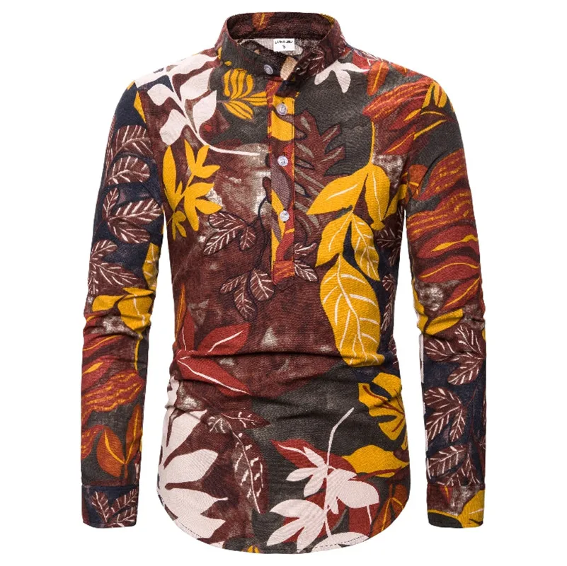 Винтажная рубашка из хлопка и льна с принтом листьев дерева Мужская брендовая Классическая воротником