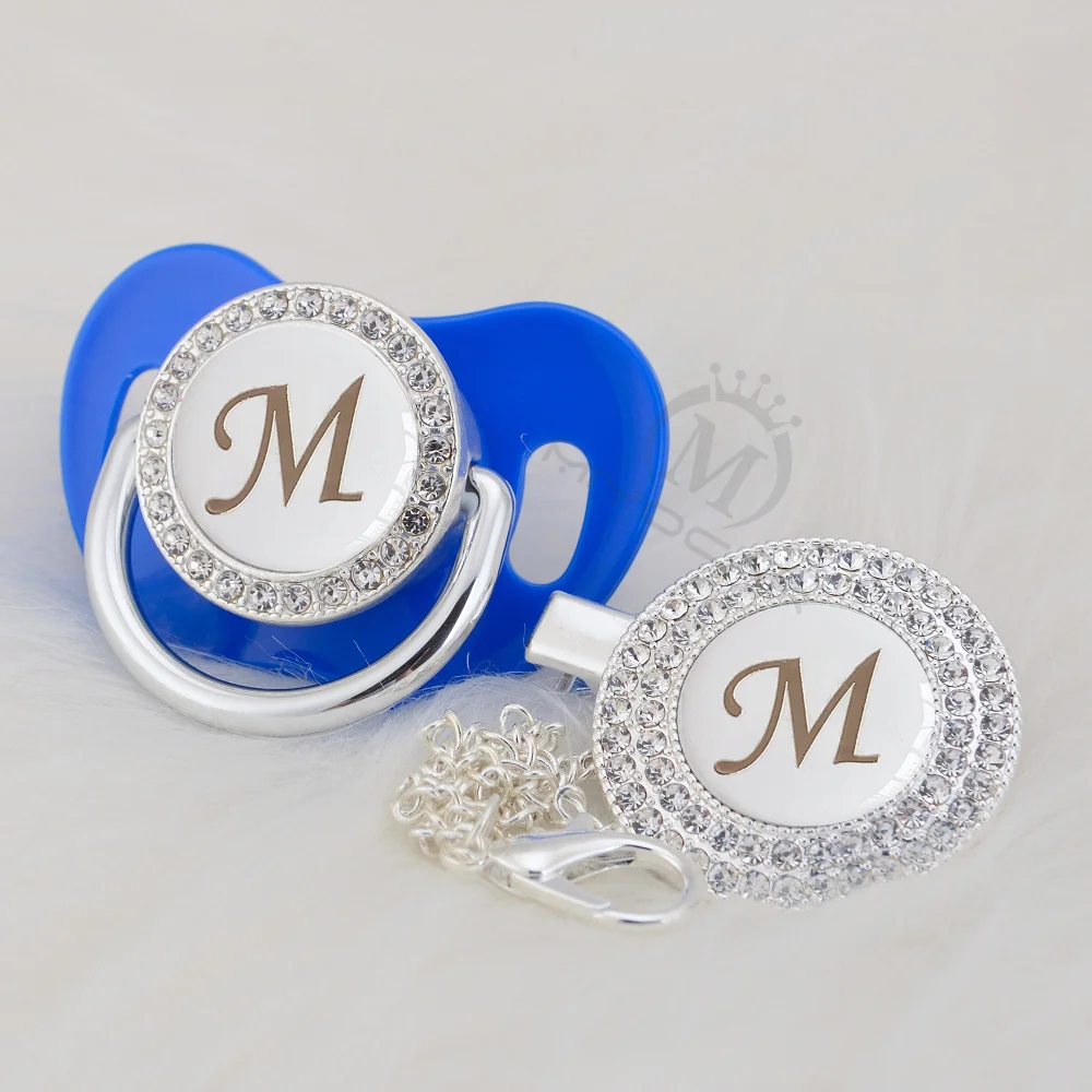 

MIYOCAR silver name bling Initial letter M beautiful bling pacifier and pacifier clip BPA free dummy bling babyshower gift LM-1