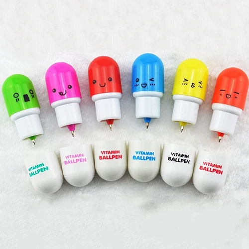 

6 Pcs Cute Smiling Face Pill Ball Point Pen Telescopic Vitamin Capsule Ballpen
