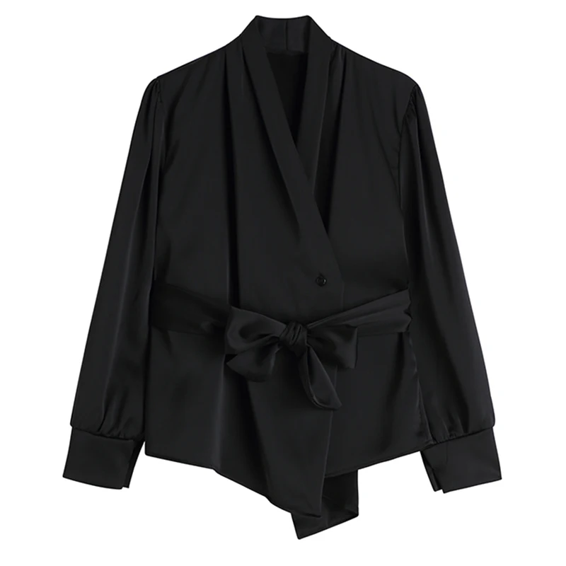 

Women White Bandage Leisure Blouse New V-collar Long Sleeve Loose Fit Shirt Fashion Tide Spring Autumn 2021