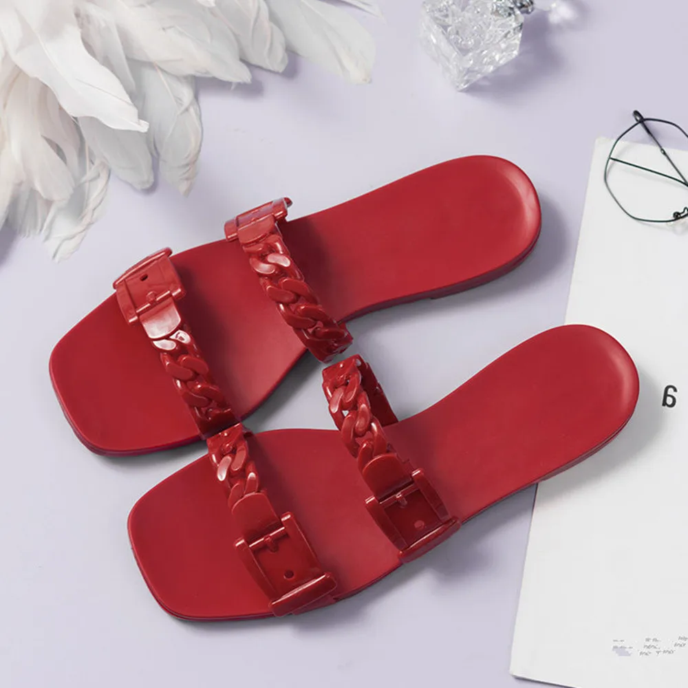 

Termainoov Women Flats Buckle Square Toe Beach Shoes Chain Jelly Shoes Women Sliders Fashion Flip Flops Women Slippers