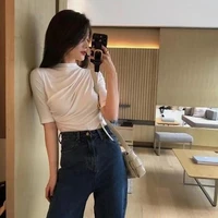 new solid color five point sleeves 2021 korean casual fashion pleated t shirt slim slimming bottoming shirt