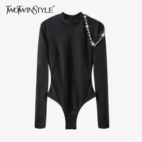 twotwinstyle hollow out diamond bodysuit for women o neck long sleeve high waist minimalist jumpsuits female fashion new