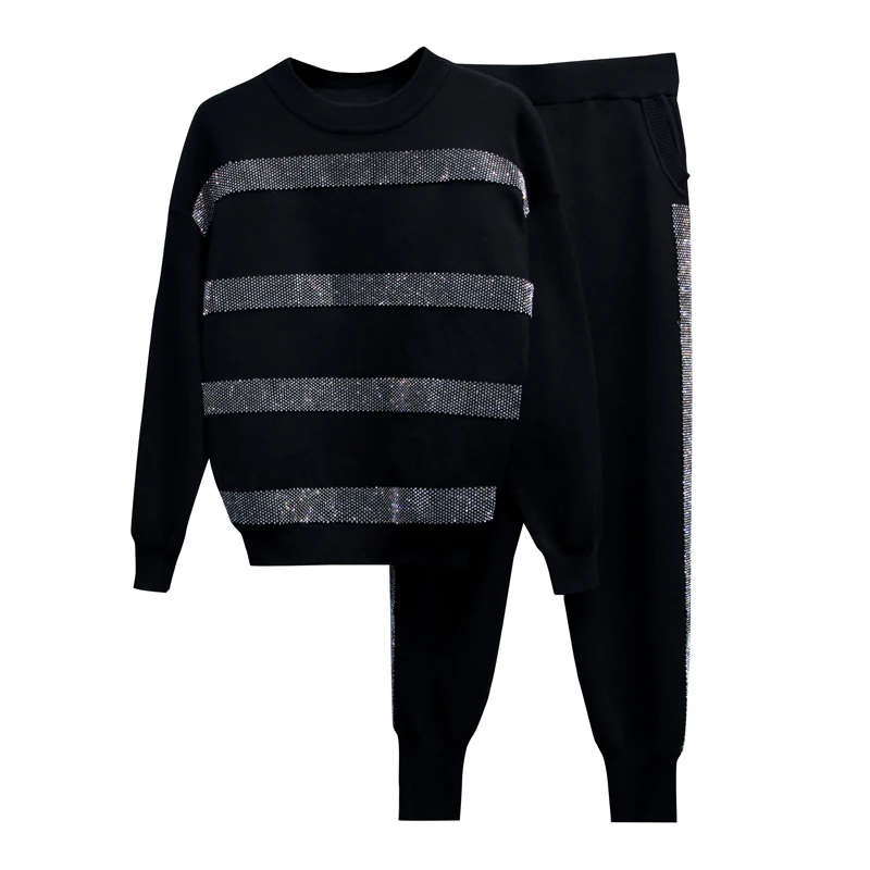 

STREET New HIGH Stylish 2021 Runway Suit Set Women's O-Neck long sleeve Diamonds Beaded knitting top Sweater Pants Set