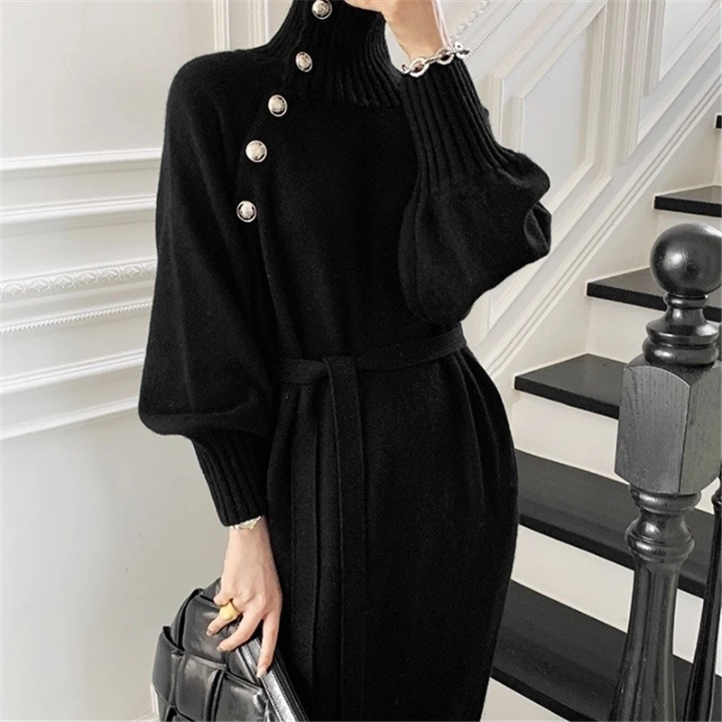 

2021 Stylish Winter Turtleneck Buttons Women Knitted Dress Elegant Full Sleeve Lace-up Female Thicken Long Sweater Dress