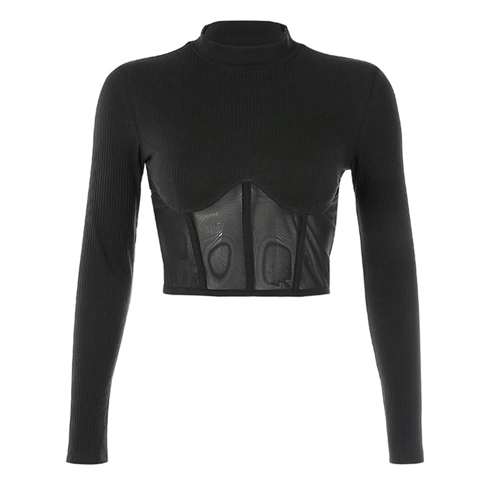 Женские Лоскутные сетчатые кроп топы одежда с длинным рукавом футболка вязаный