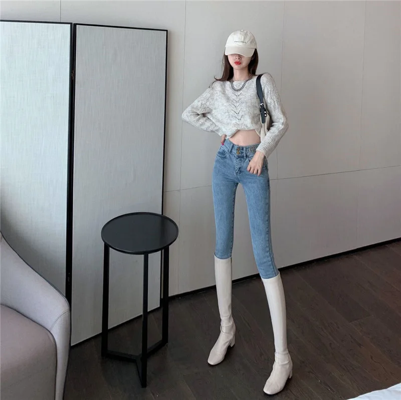 Осенне-зимние стильные светильник лые джинсы в Корейском стиле Женские Новые