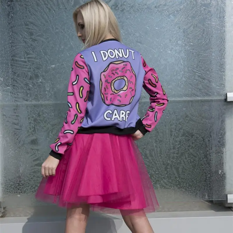 Осенне-зимняя женская куртка-бомбер с 3D принтом пончиков верхняя одежда длинным