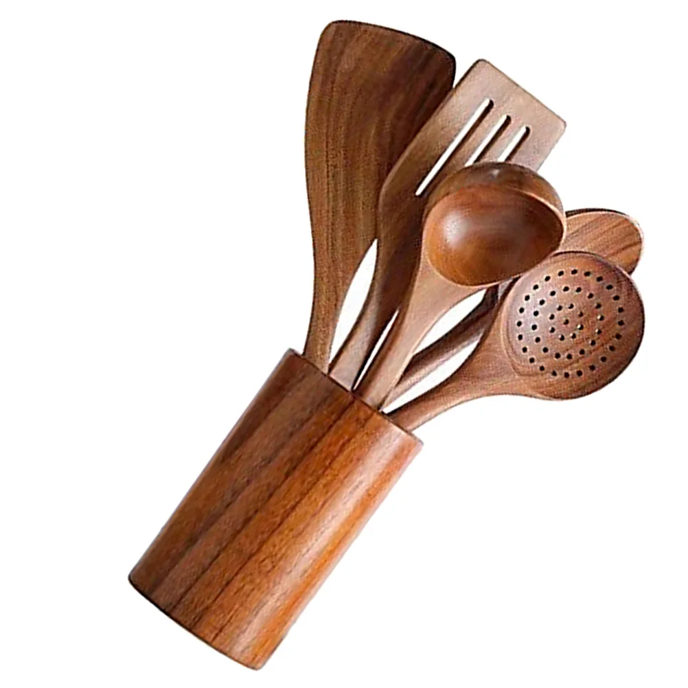 

1 Set of Home Kitchenware Wooden Serving Spoon Spatula with Bucket (Coffee)