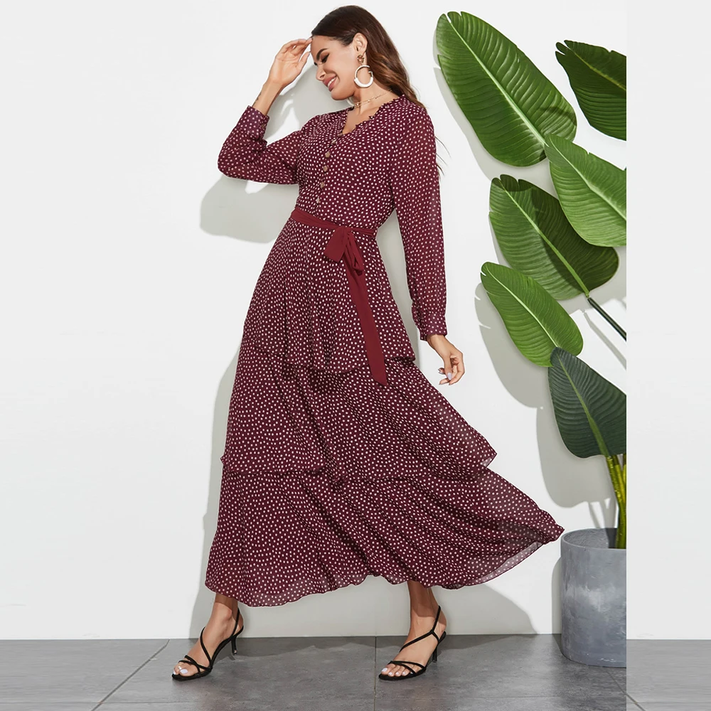 Siskakia стильное многослойное длинное платье в горошек на пуговицах спереди v