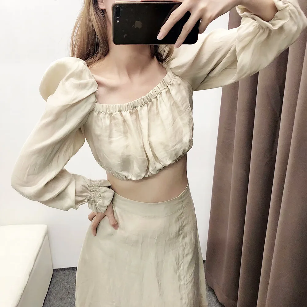 Fashion Square Collar Long Sleeve Sexy Short Shirts 2019 Vintage Stylish Solid Elastic Cuff Crop Tops Women Blouses Blusas Mujer |