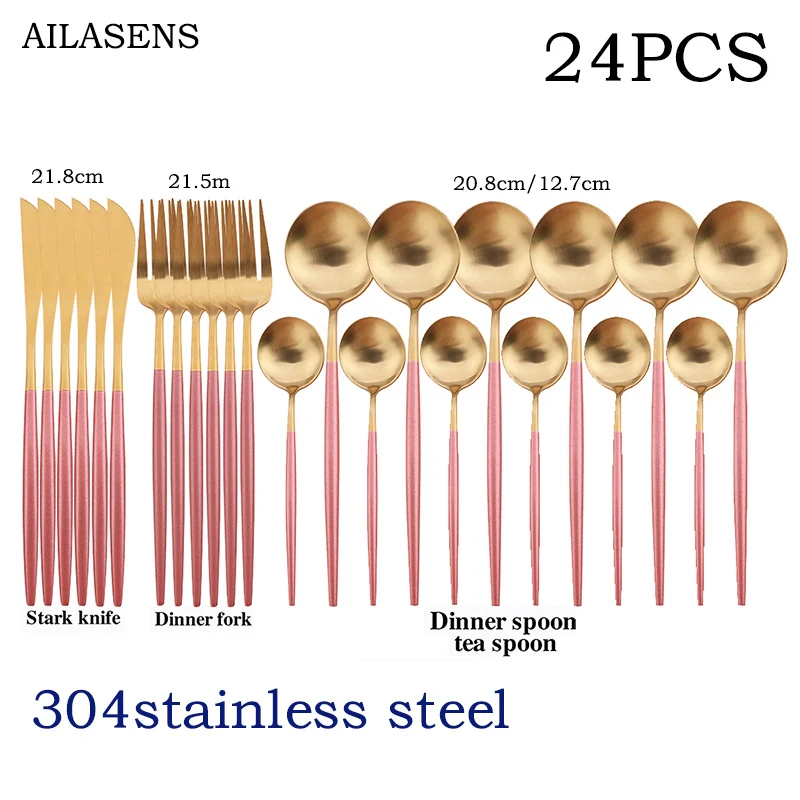

Набор романтической розовой посуды из 24 предметов, набор ножей, ложек, вилок, столовые приборы из нержавеющей стали 304, набор столовых прибор...