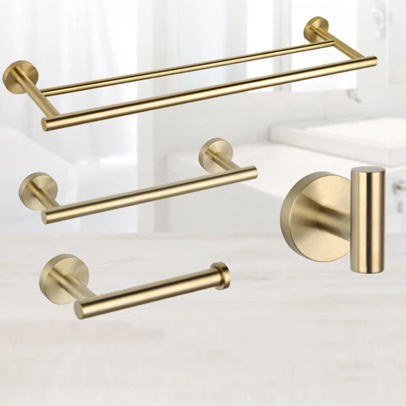 

Wall Mounted 4 Piece Bathroom Accessories Set (Double Towel Bar, Toilet Paper Holder,Towel Hooks,Single Towel Bar), Gold