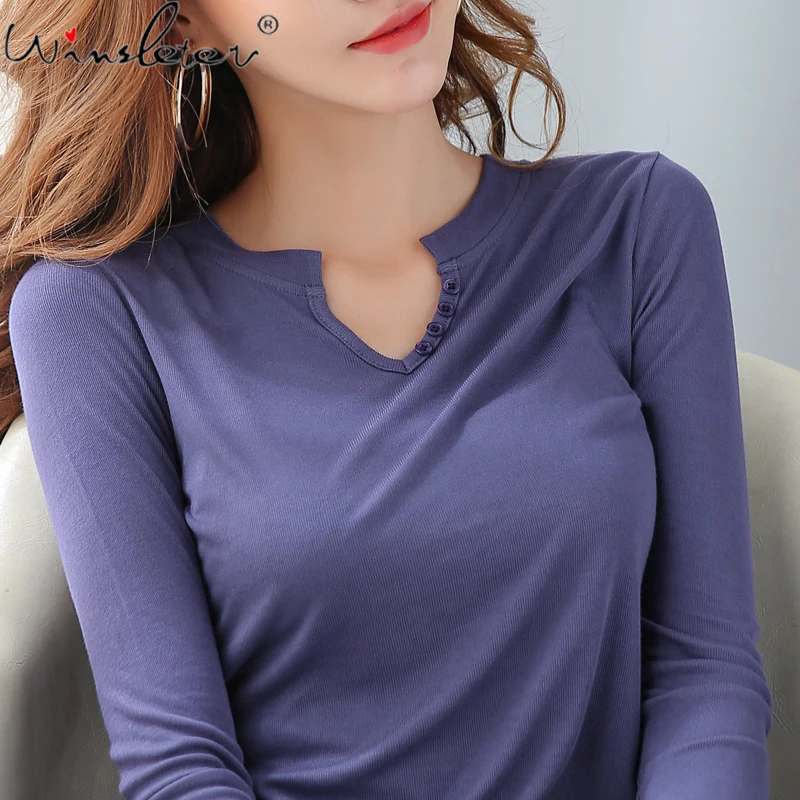 

Fall Winter 2021 Cotton T-shirt Women Solid V-neck Buttons Slim Waist Stretchy Casual Tops Tees Long Sleeve Multi Colors T17503A