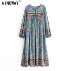 Женское винтажное платье с длинным рукавом, этнический зеленый цветочный принт, Пляжное богемное Макси-платье в стиле бохо