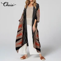 celmia 34 sleeve belted long cover up vintage women light thin blouses 2021 summer geometric print casual cardigan kimono tops