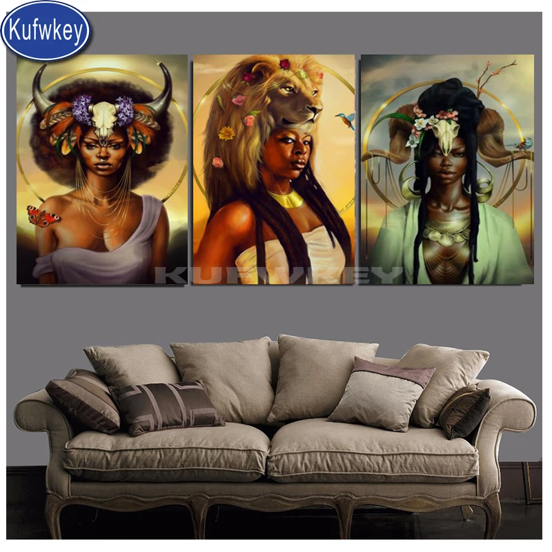 Бриллиантовая вышивка африканская женщина Триптих голова животного алмазная