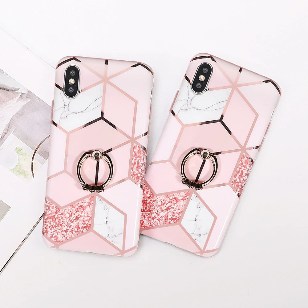 Чехол для телефона LOVECOM для iPhone 11 Pro XR XS Max 6 6S 7 8 Plus X Мягкая Гальваническая мраморная задняя крышка с кольцом на палец