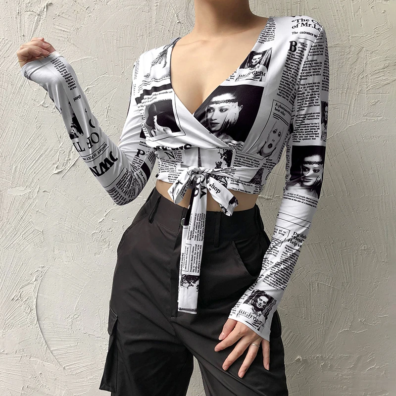 Женский укороченный Топ с длинным рукавом модная футболка буквенным принтом и