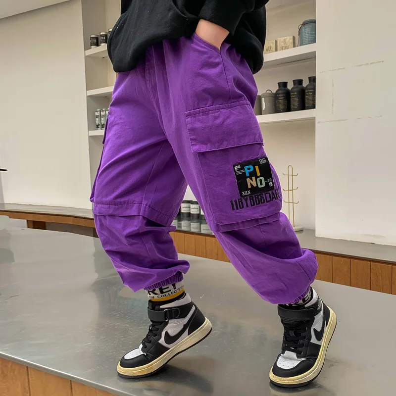 

Детские брюки для мальчиков, фиолетовые брюки-карго, весенне-осенние повседневные брюки для подростков, детские длинные брюки с эластичным ...