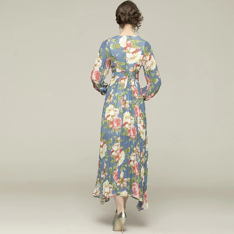 

Banulin 2021 Pre-spring Runway Women's Fashion Party Work Vintage Pleated Dress Elegant Chic Flower Print Chiffon Long Dress