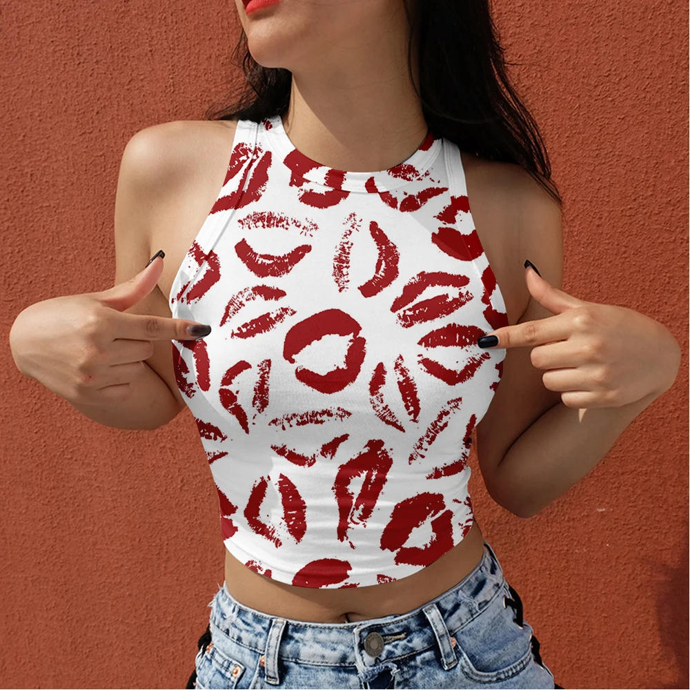 Popular Red Sexy Lips Print 3D Tank Tops Women O-Neck Sleeveless Casual Tees Summer Loose Femme Ladies Girls Vest Tee Shirt