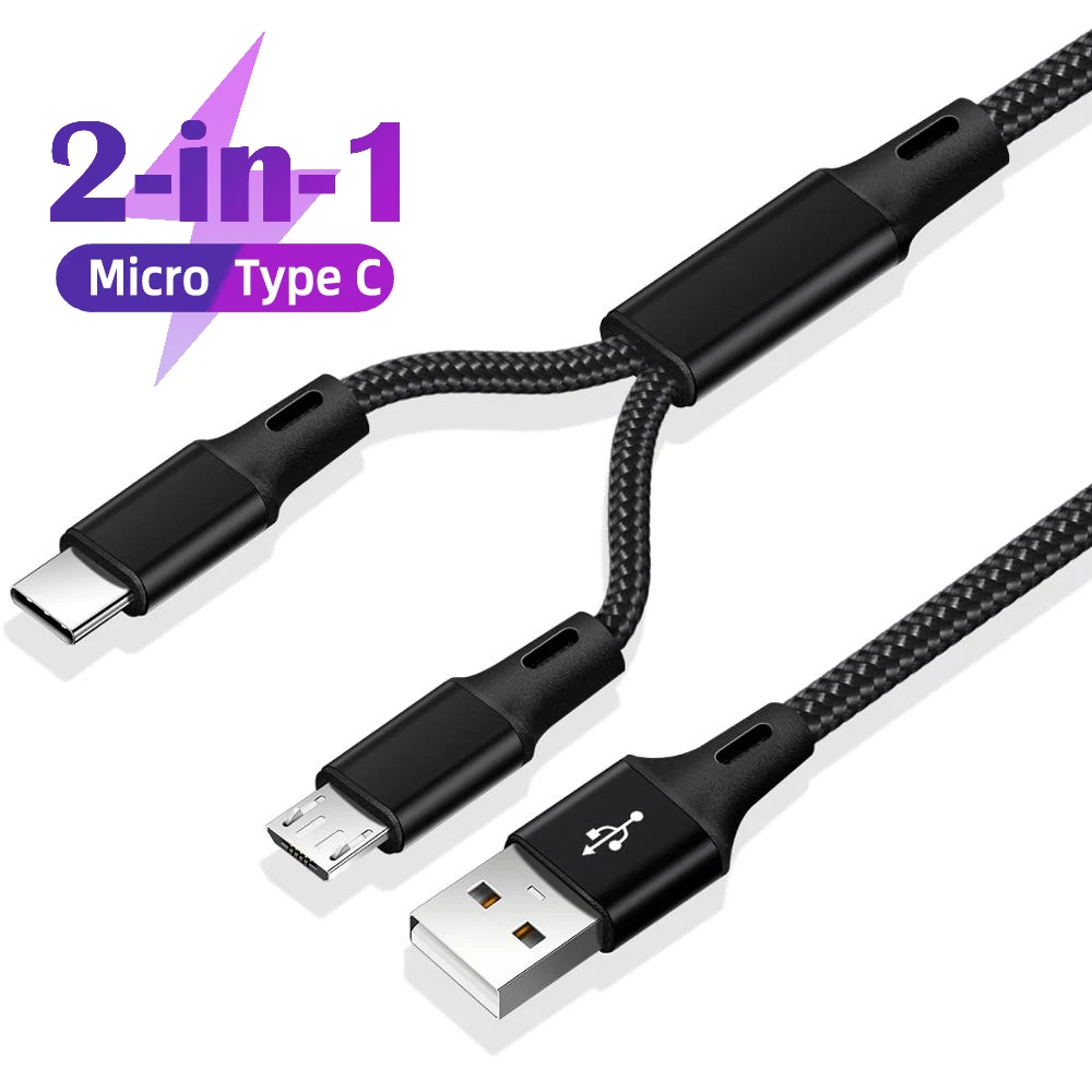 2 в 1 кабель Micro USB Тип C портативный двойной зарядный для телефона Android Мобильный
