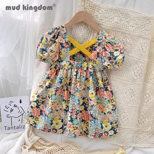 Mudkingdom Princess Dress for Girls Summer Flower Puff Sleeve Cross Back Ball Gown Cute Dresses Kids Vintage Children Clothing