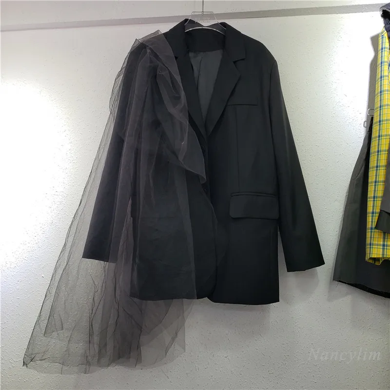 

Mesh Patch Blazer for Women 2021 Autumn New Gauze Stitching Suit Jacket Female Mid-Length Loose Street Coats Casaco Feminino