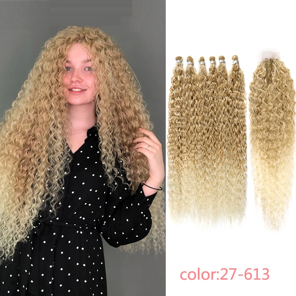 

Synthetic Curly Hair Bundles With Closure Wig Super Long 32Inch Ombre Organic Fake Hair Extensions 7pcs/lot Fulll Head For Women