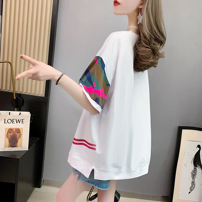 

2021 Summer Unique Design Camouflage Ladies T-shirt Women Loose Korean-Style Mid-Length Tee New Patchwork Fashion Pullover Tops