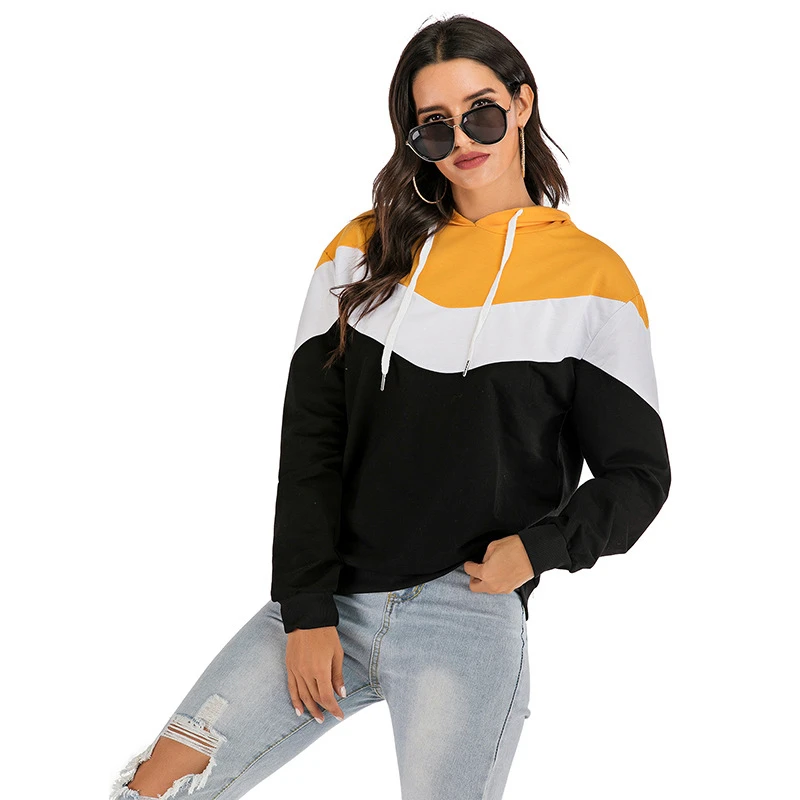 Black White Yellow Patchwork Colors Women's Hoodies Autumn Winter Casual Long Sleeve Hooded Sweatshirt For Woman Pullover Tops | Женская