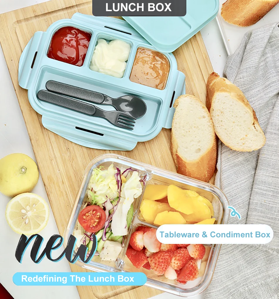 Baispo Ланч-бокс для детей стеклянный микроволновый Bento box контейнер для еды и отсек для хранения школы герметичный кухонный с подогревом