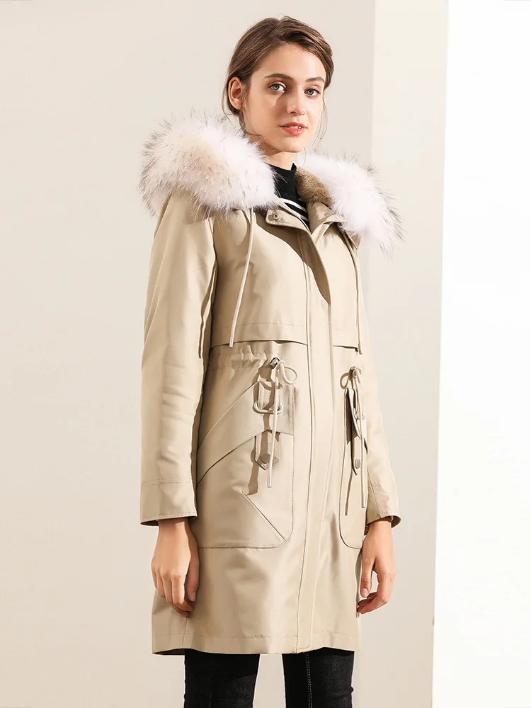 2020 большая длинная куртка с капюшоном и натуральным енотовым воротником Женское