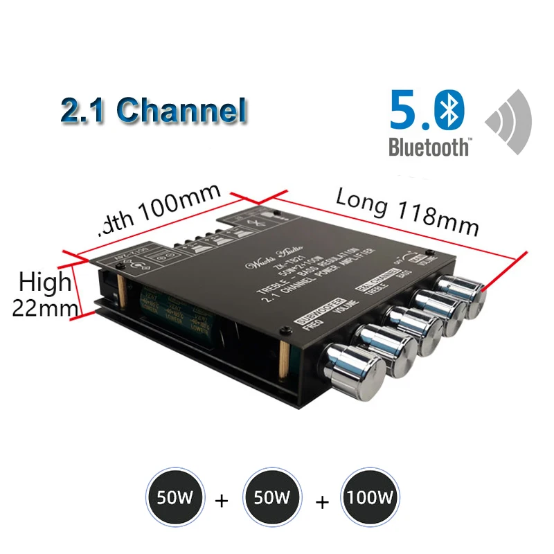 

2*50W+100W Bluetooth 5.0 TPA3116D2 Power Subwoofer Amplifier Board 2.1 Channel Class D TPA3116 Audio Stereo Equalizer Amp