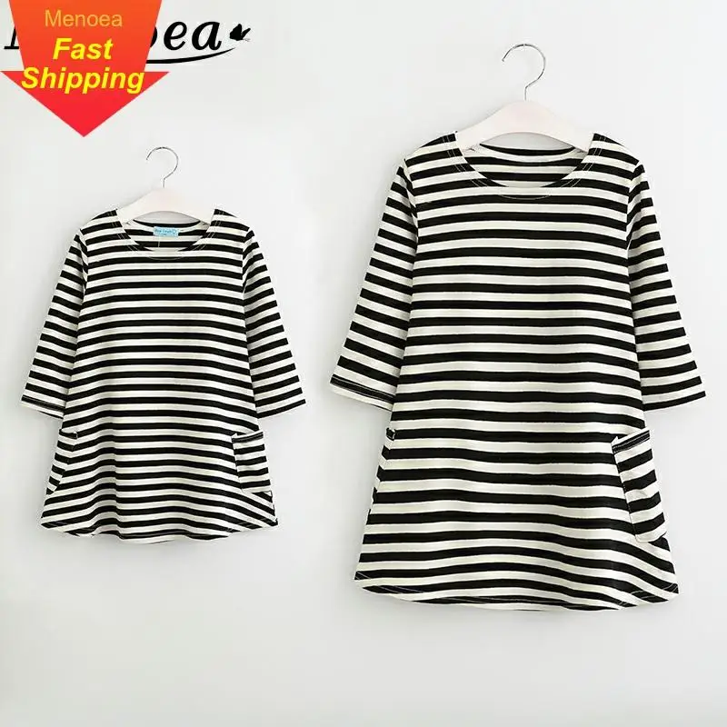 

Family Dress 2020 Style Spring Matching Outfits Mother Or Daughter Dress Casual Fall Full sleeve black and white Striped Dress