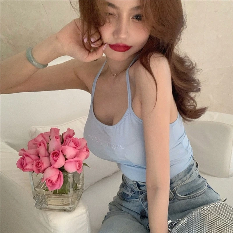 

Summer playful girl sky blue camisole female letter embroidery sexy vest street party ins clothes