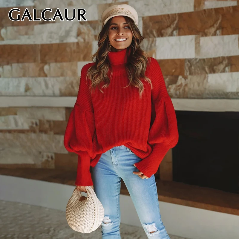 Женский вязаный свитер с высоким воротником GALCAUR белый теплый толстый длинными