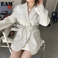 eam women beige sequins big size blazer new lapel long sleeve loose fit jacket fashion tide spring autumn 2021 1da501