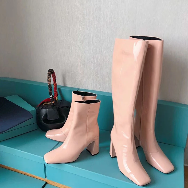 2020 Winter New Collection Designer Boots Knee High Long Mirror Leather Square Toe Heel Lelathe Shoes Women | Обувь