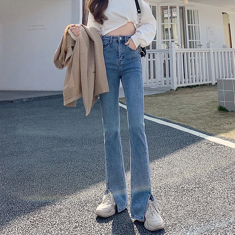 

High-waist split jeans women's spring 2021 new style slim, micro-lamb, wide-leg, drape, and floor-length flared pants