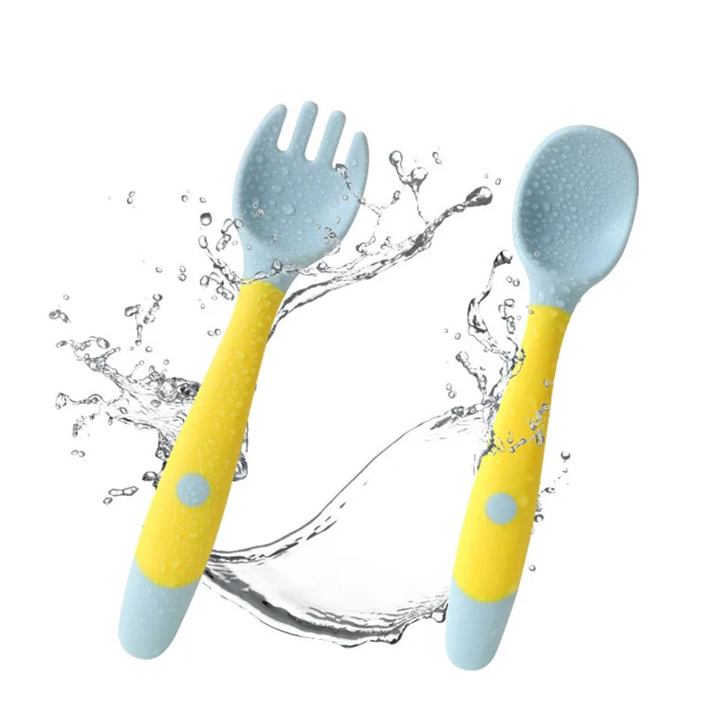 Baby Spoon With Fork Baby Utensils Set Bendable Silicone Spoon For Toddler Baby Feeding Tableware Safe Temperature Sensing Spoon