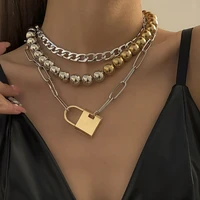 fashion exaggerated punk style mixed color ball bead geometric necklace retro hip hop gold lock multilayer necklace women