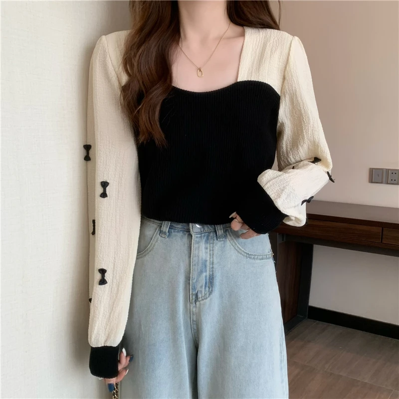 

French Square Neck Color Matching Bow Long Sleeve T-shirt Women's Spring And Autumn 2021 New Korean Loose Thin Top Fashion
