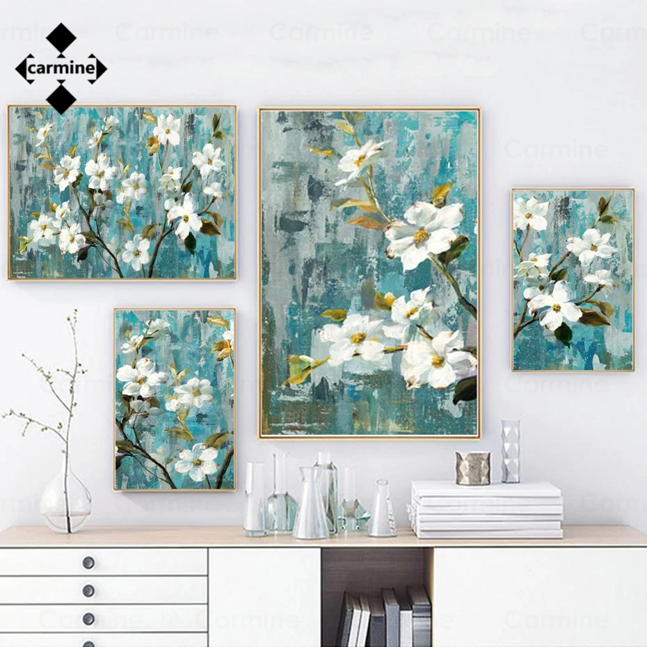 

Rustic Floral Wall Art Canvas Painting Modern White Apple Blossom Posters and Prints Jade Gold White Picture Home Interior Decor