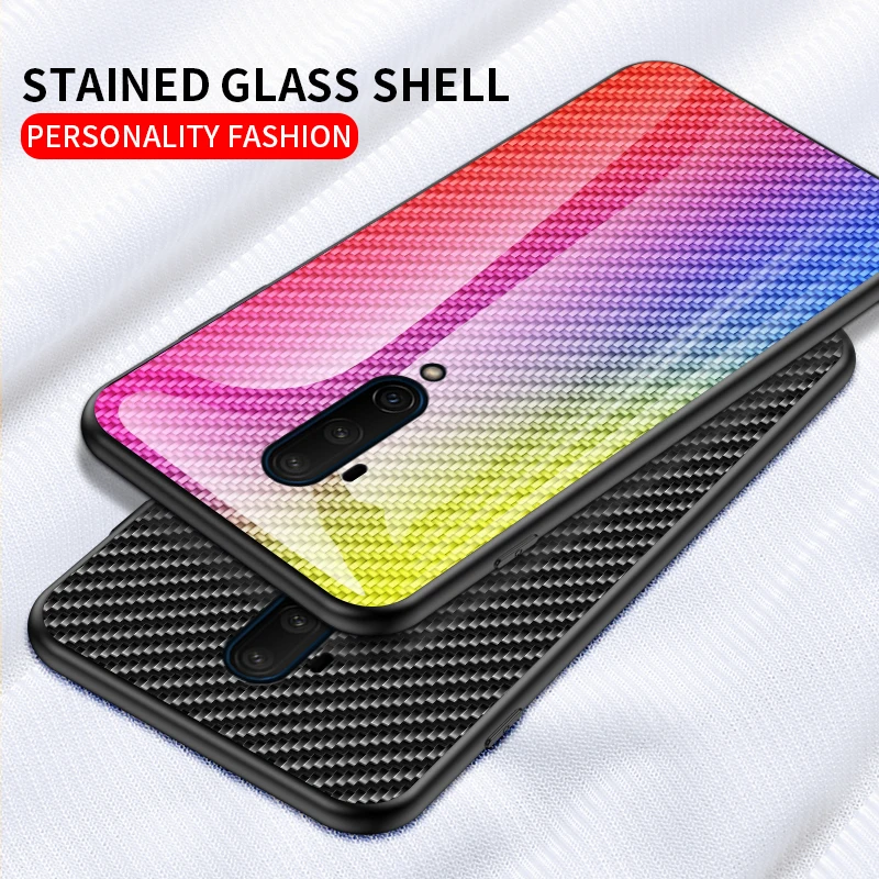 Luxury Carbon Fiber Tempered Glass Case OnePlus One Plus 7T Pro 7TPro McLaren Aurora gradient Protective Shell Phone Cover |