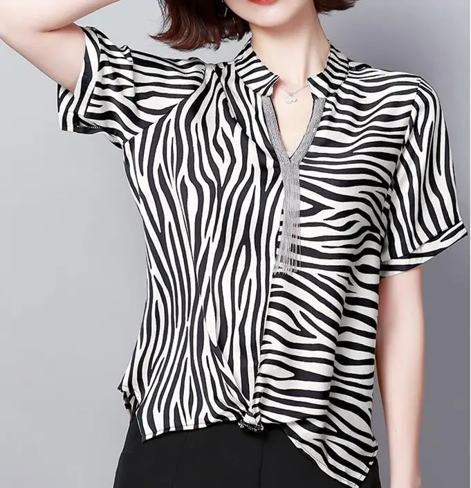 Плюс размер 4xl женская блуза в полоску шифоновая рубашка с коротким рукавом