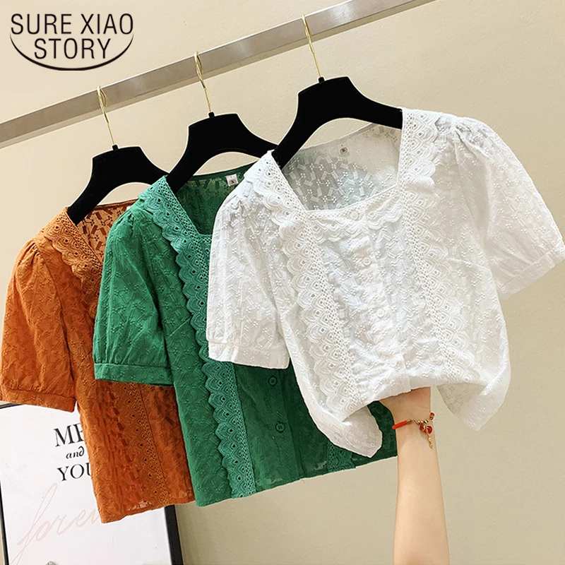 

Summer Sweet Lace Stitching Flower Women Blouses Casual Loose French Retro Tops Square Collar Short Sleeve Shirt Ladies 15222