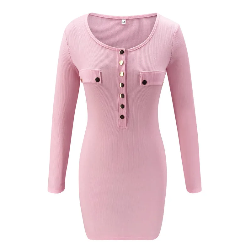 

Sexy Slim Mini Knit Dress Women Autumn O Neck Long Sleeve Patchwork Button Decor Hips Dress Ladies Fashion Party Bodycon Dresses