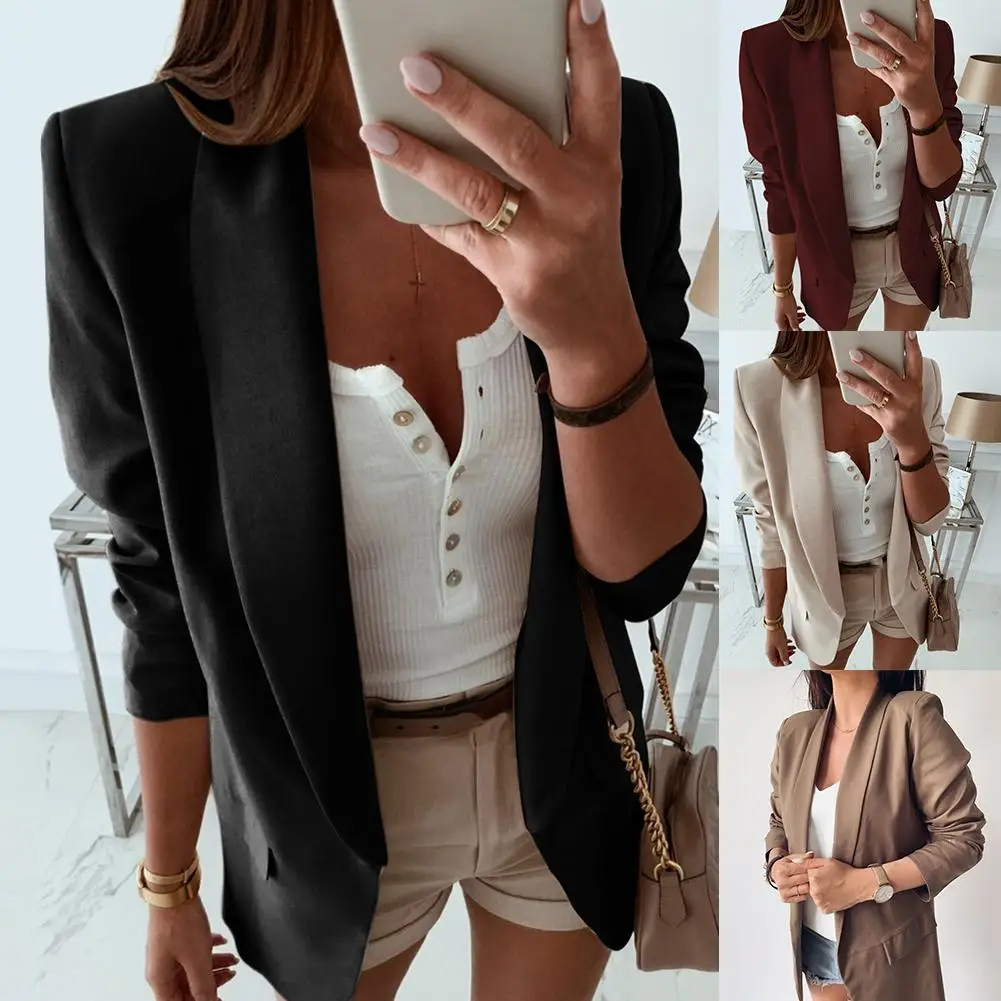 

Casual Blazer Feminino Women Basic Notched Collar Solid Blazer Pockets Chic Tops Office Ladies Retro Single Button Suit JacketsÂ